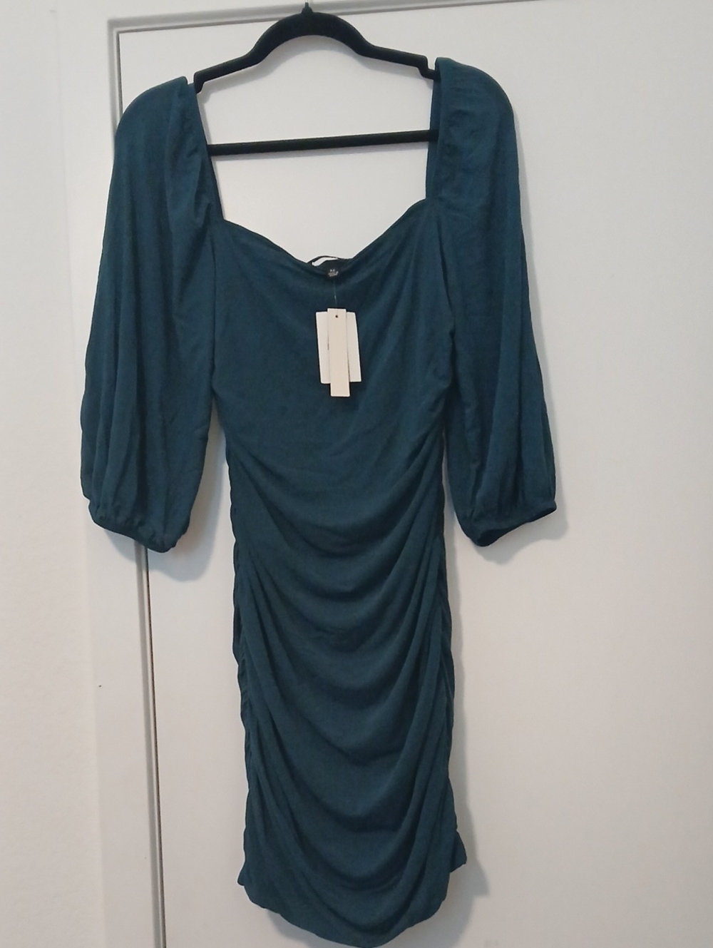 Ruched Teal Puff-Sleeve Dress - Women
